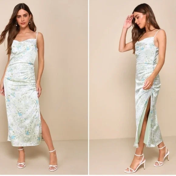 LULUS Floral Sexy Chic Satin Wedding Formal Event Floral Slip Midi Dress